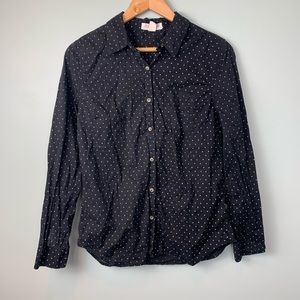black and white polka dot button down